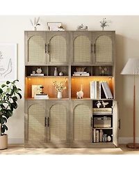 gaomon 71-inch wood construction features a countertop, Led light strip, adjustable storage, and a microwave shelf, designed as a tall pantry cabinet