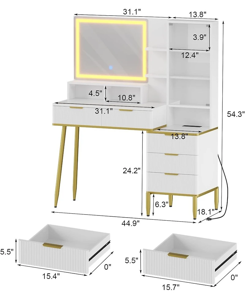 Gaomon 5 Drawer Makeup Vanity Desk Lights & Power Outlet, Modern Fluted Design for Bedrooms, Apartments, Easy to Assemble