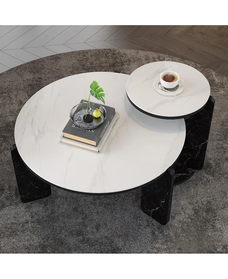 Streamdale Furniture Set of 2 Round Nesting Coffee Tables with White Sintered Stone Top