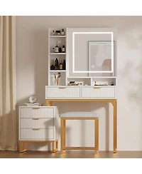 Gaomon Vanity Desk Mirror and Lights Fluted Vanity Desk for Bedrooms, Apartments, Easy to Assemble