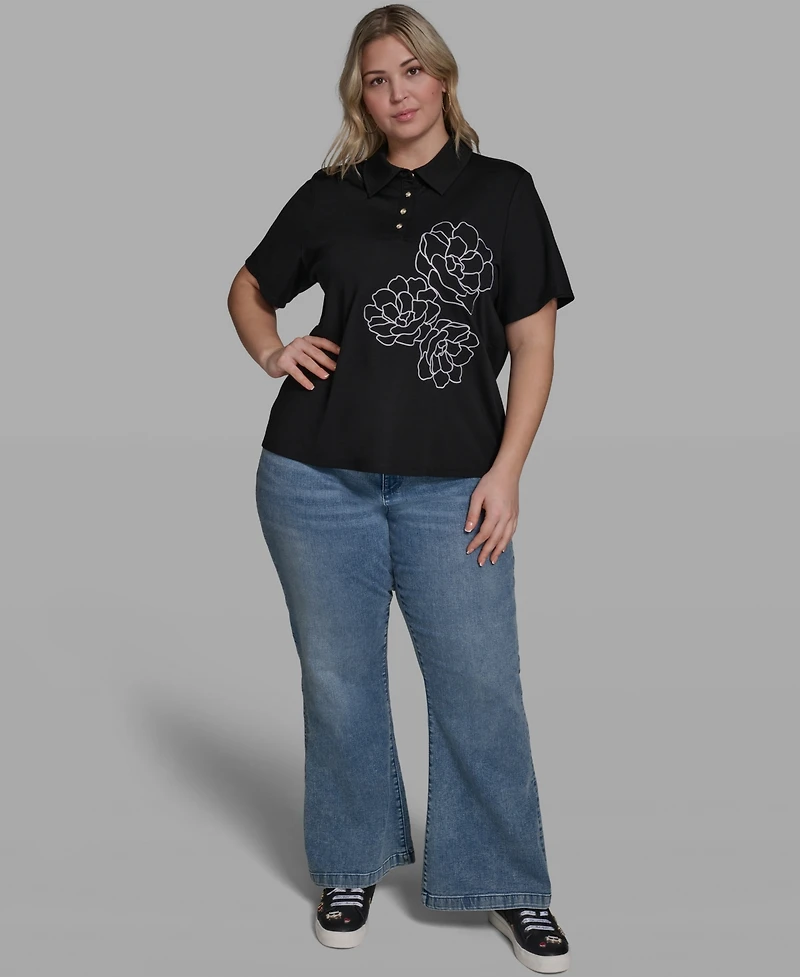 Karl Lagerfeld Paris Plus Floral Polo Short-Sleeve Top