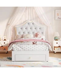 gaomon Twin Bed Frame with Led Lights & Velvet Crystal Button Headboard, Upholstered Platform Storage Drawer, Noise Free