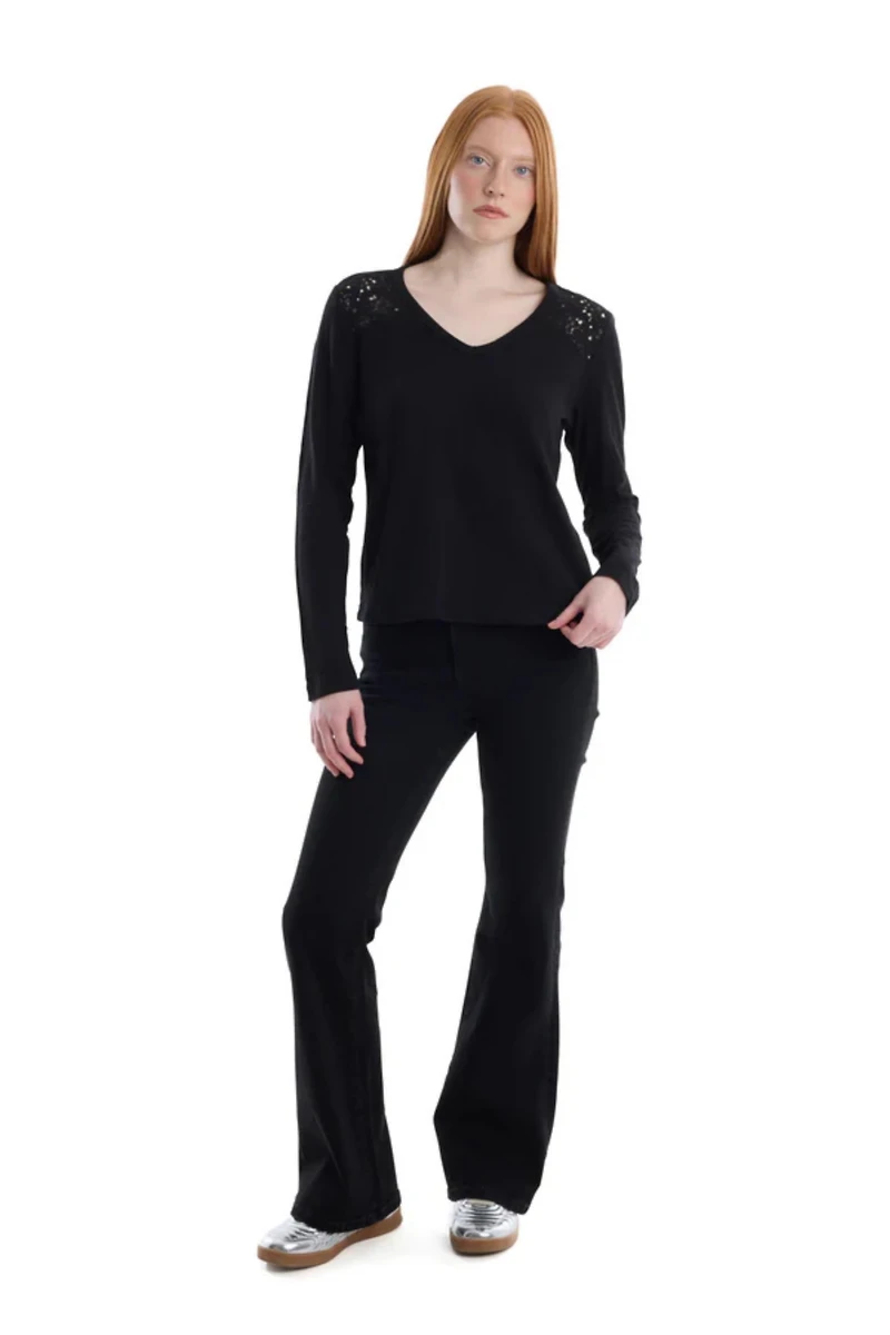 Wilt Clothing Women's V-Neck Long Sleeve Mixed Media Tee