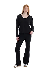 Wilt Clothing Women's V-Neck Long Sleeve Mixed Media Tee