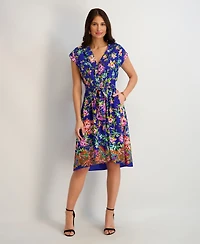 kensie Women's Printed V-Neck Smocked-Back A-Line Dress