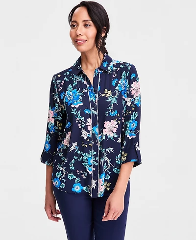 Jm Collection Women's Printed Rhinestone-Button Shirt, Macy's Exclusive