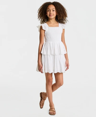 Rare Editions Girls' 7-16 Eyelet Flutter Sleeve Square Neck Dress