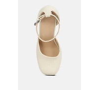 Cosette Diamante Embellished Ankle Strap High Block Heel Sandals in Off White