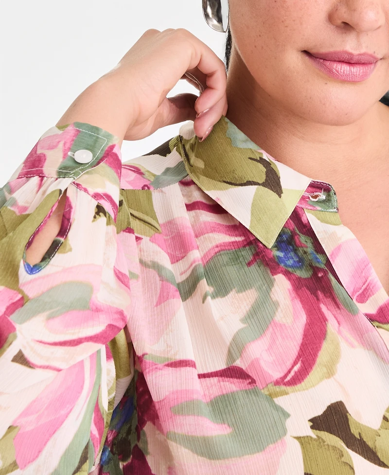 I.n.c. International Concepts Plus Printed Long-Sleeve Blouse, Created for Macy's