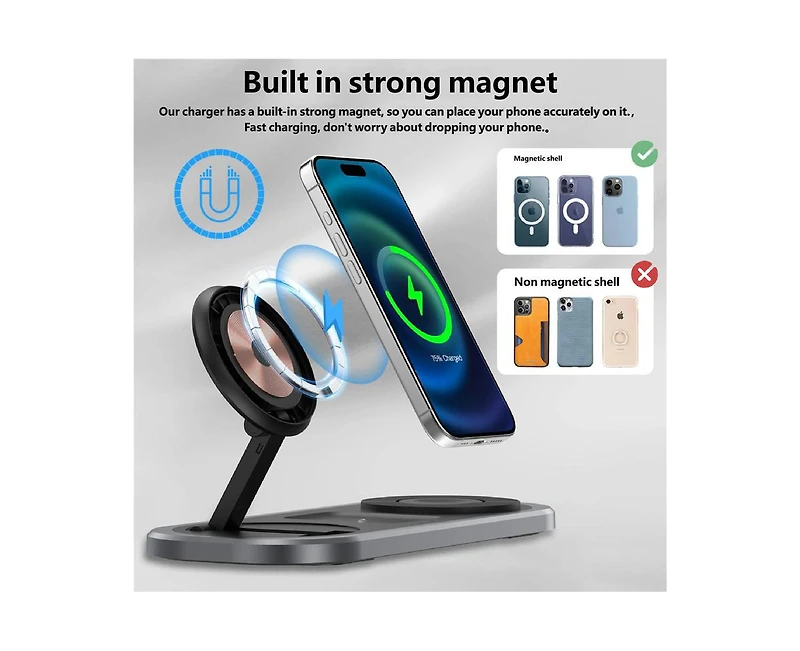 Risokeys Foldable Wireless Charger - 3-in-1 Wireless Charger with Magnetic Phone,Watch and Earphone Charging Station for Desktop