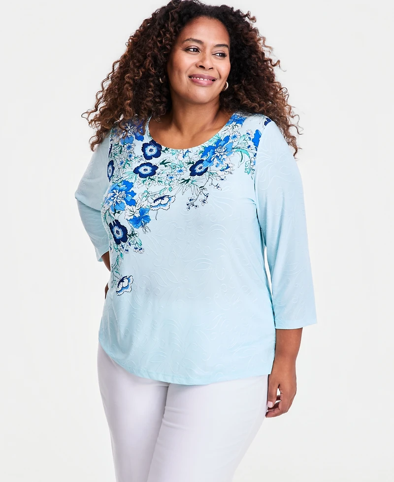 Jm Collection Plus Printed Jacquard 3/4-Sleeve Top