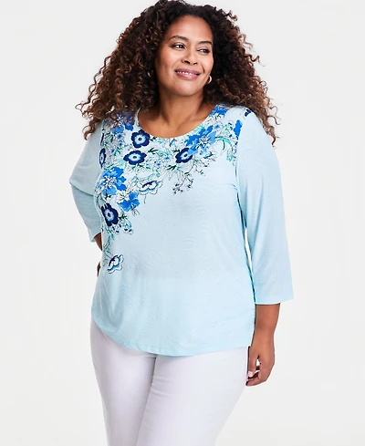 Jm Collection Plus Printed Jacquard 3/4-Sleeve Top