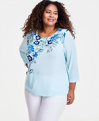 Jm Collection Plus Printed Jacquard 3/4-Sleeve Top