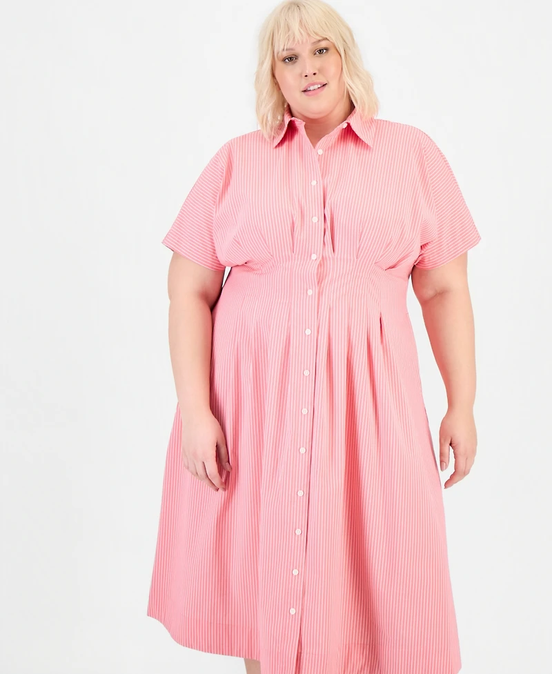 On 34th Trendy Plus Pinstriped Pleated-Waist Midi Shirtdress, Macy's Exclusive