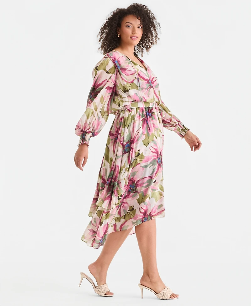 I.n.c. International Concepts Plus Bubble-Sleeve Tie-Waist Tiered Dress, Created for Macy's