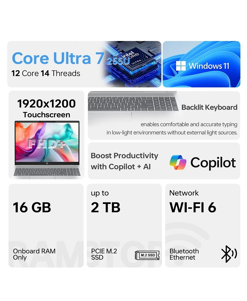 Hp OmniBook 5 16t-ba100 Premium Traditional Laptop 16" Fhd Touchscreen Intel Core Ultra 7 255U Intel Graphics 16GB Ram 512GB Ssd Windows 11 Home