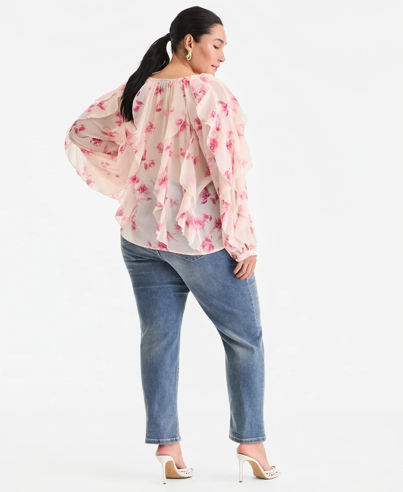 I.n.c. International Concepts Plus Printed V-Neck Ruffled Blouse, Created for Macy's