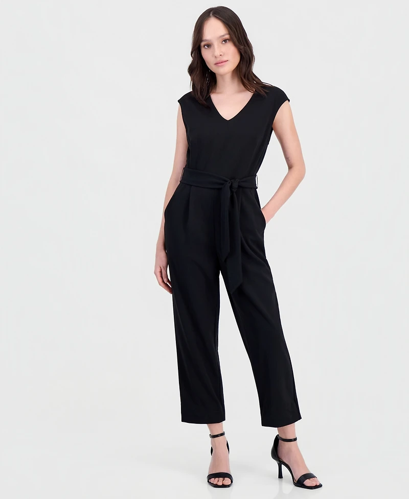 Anne Klein Essentials Petite Belted V-Neck Jumpsuit