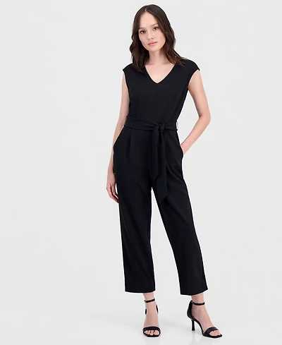 Anne Klein Essentials Petite Belted V-Neck Jumpsuit