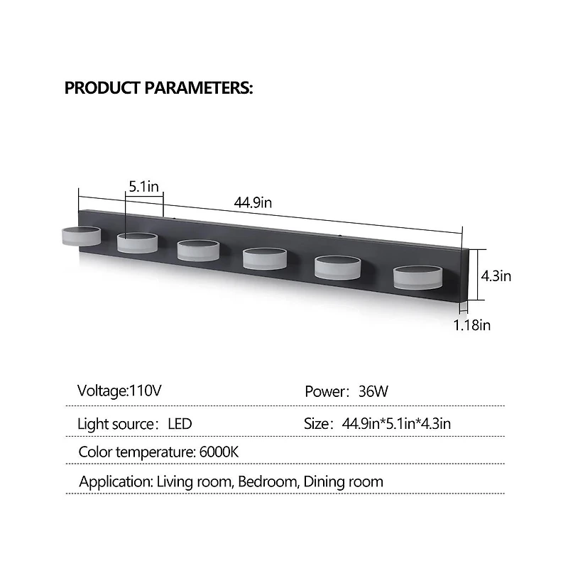 Busdays 45" Modern 6-Light Led Vanity Light, Sleek Black Bathroom Wall Light Fixture for Mirror, Shower, and Bathroom Decor