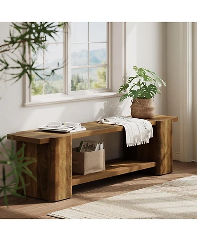 Tribesigns Wood Entryway Bench, 63" End of Bed Bench with Storage Shelf, Farmhouse Extra Long Shoe Bench