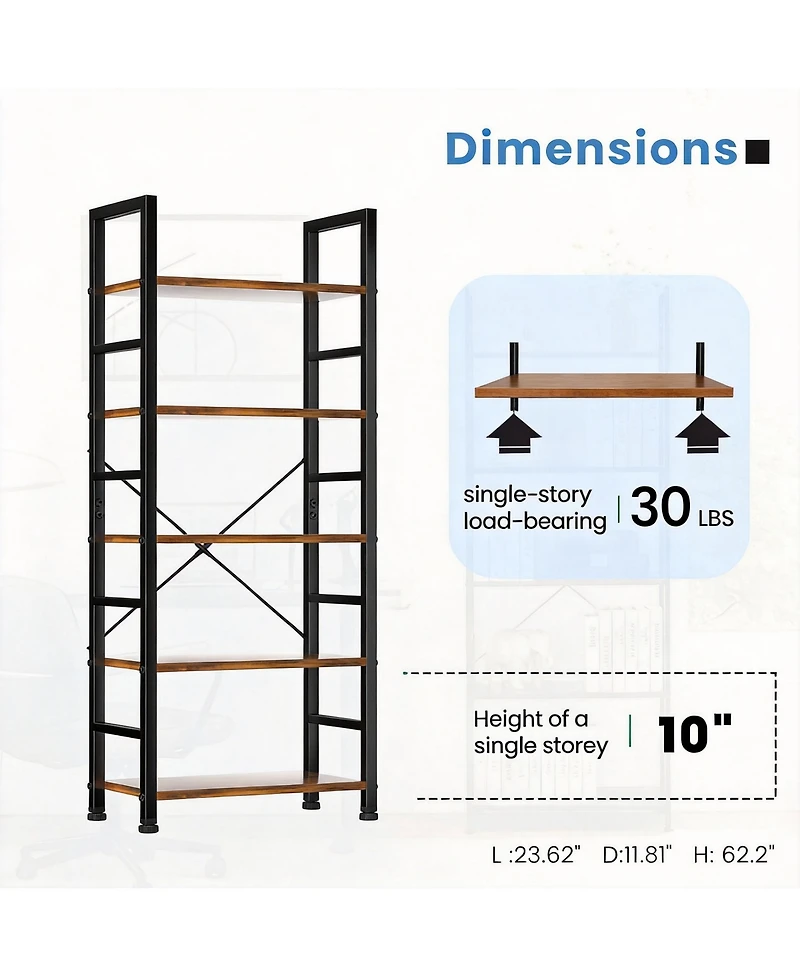 Yigii 5-Tier Narrow Bookshelf, Modern Design, Space-Saving, Durable, Easy Assembly