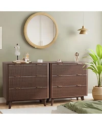 gaomon 32 Inch Walnut Modern Fluted Nightstand, 3-Drawer Bedside Table with Faux Marble Top