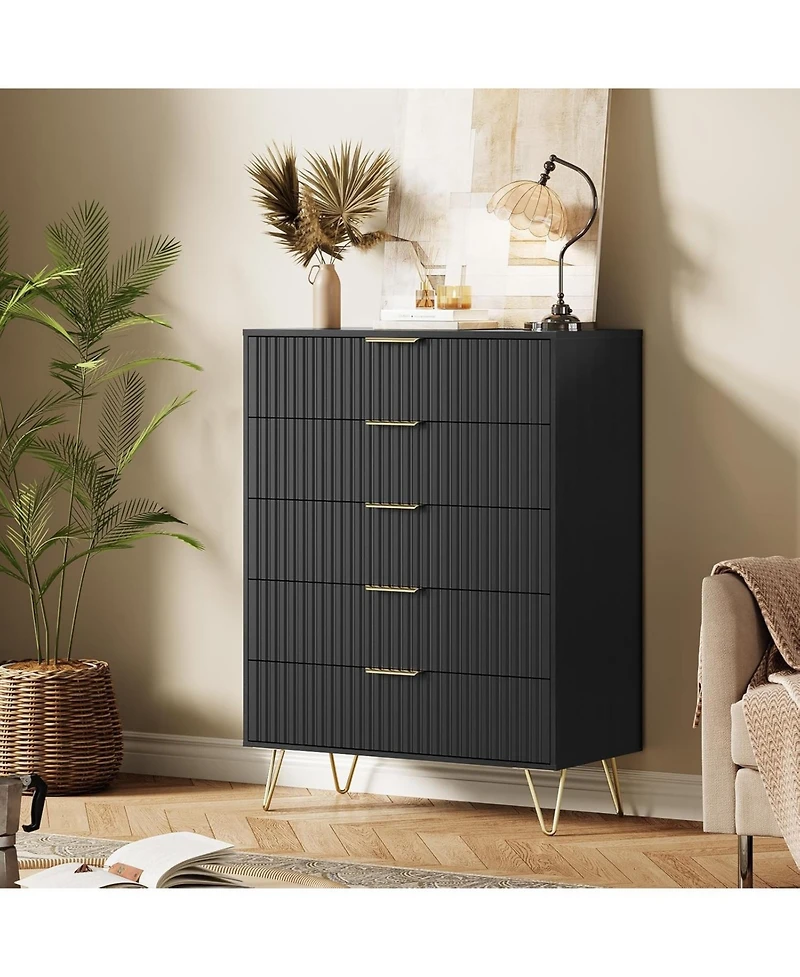 gaomon Fluted Dresser for Bedroom with 5 Drawers,32'' Wide Modern Chest of Wooden Drawers Metal Handle,Wide Clothes Storage Organizer