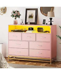 Gaomon Dresser with 7 Drawers for Bedroom, Wooden Long Led Lights and Charging Station, Large Capacity