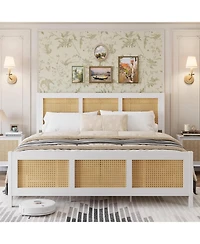 Gaomon Rattan Bed Frame with Headboard, Boho Full Size Bed Frame with Strong Metal Slats Support, No Box Spring Needed, Noise-Free Design