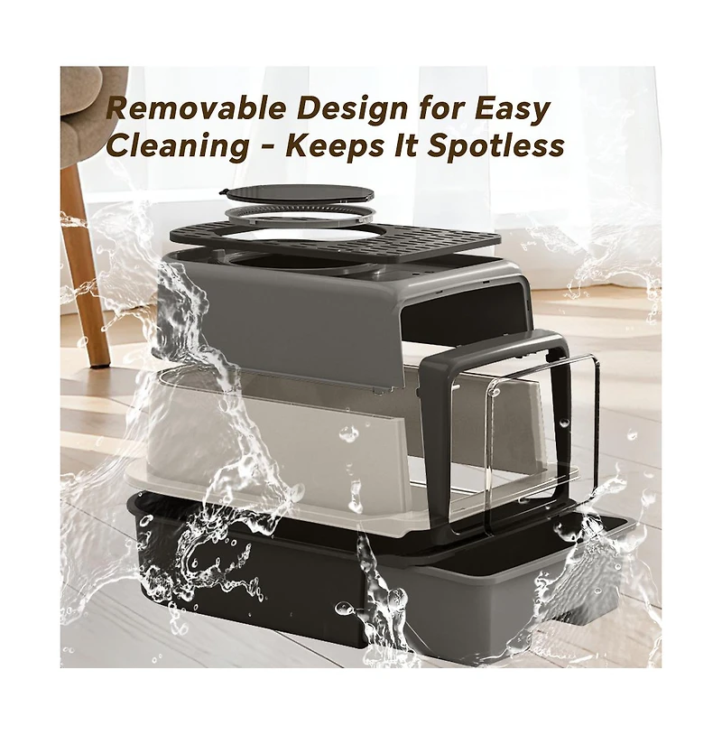 Aostirmotor 3-in-1 Modern Cat Litter Box with Hood, Tray & Mat, Grey