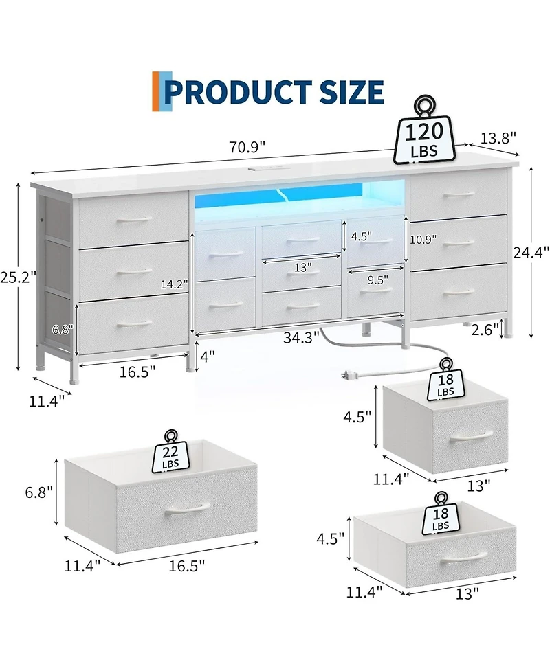 gaomon 70 Inch Long Dresser with 13 Drawers, Tv Stand for 65-80 Charging Station Led Lights, Fabric Storage Organizer Bedroom