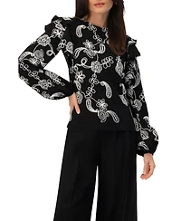 Ivonne Women's Blouse with White Embroidery and Ruffle Detail