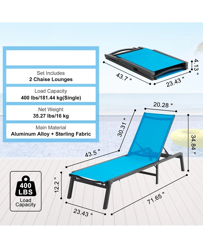 Slickblue Chaise Lounge Chair Outdoor Patio Adjustable 5-Position 2 pcs
