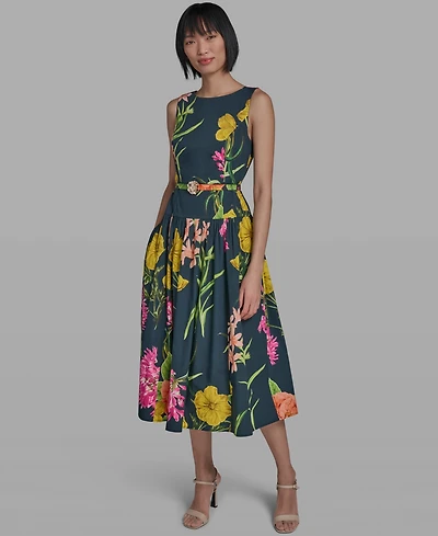 Karl Lagerfeld Paris Women's Boat-Neck Belted Sleeveless Dress