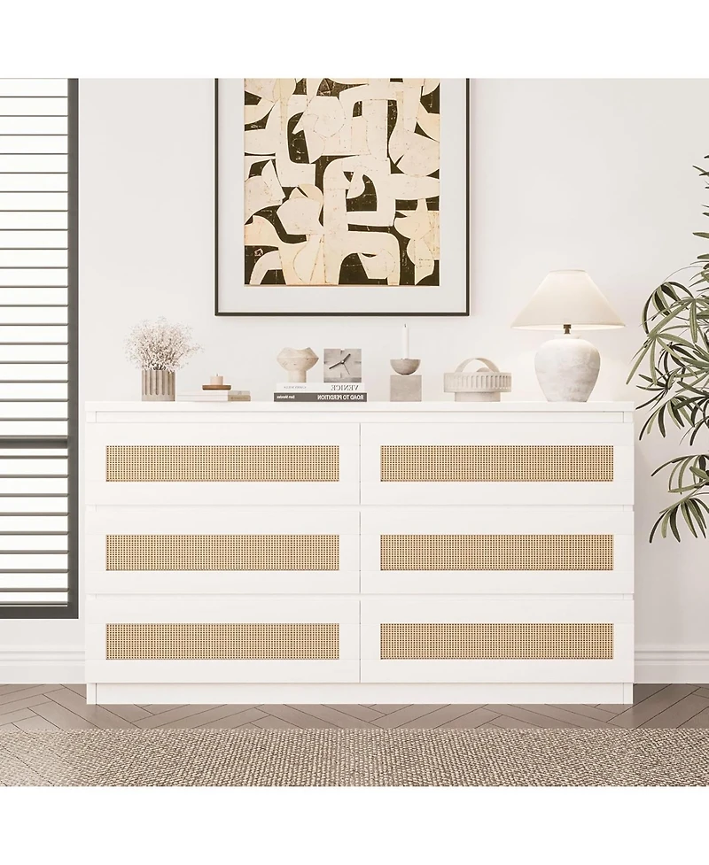 gaomon 6 Drawer Double Dresser for Bedroom, Rattan Bedroom with Smooth Mental Slide, Modern Wood Chest Living Room, Hallway,