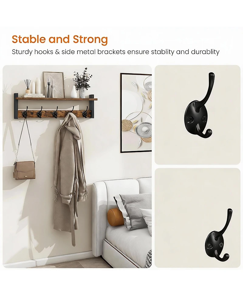 Yigii Rustic Brown & Black Wall Hook Rack with Shelf for Entryway, Hallway