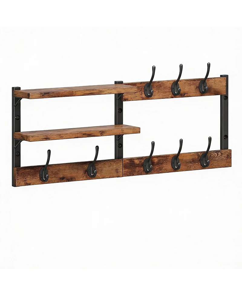 Yigii 28.7" Wall Mounted Coat Rack with 6 Hooks & 2 Shelves, Rustic Brown