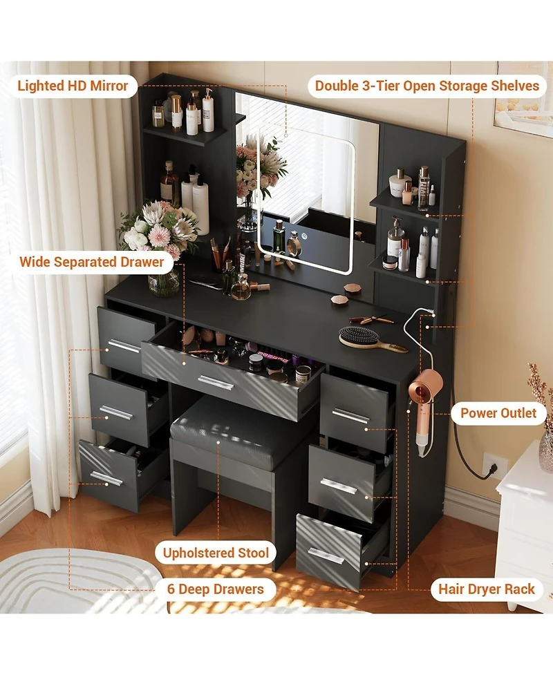 Gaomon Black 7-Drawer Vanity Desk, Makeup Table with Touch-Control Led Light Mirror