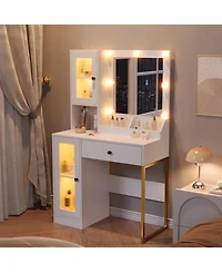 Gaomon White Led Lighted Vanity Desk, Makeup Table with Built-in Power & Usb Charging Ports