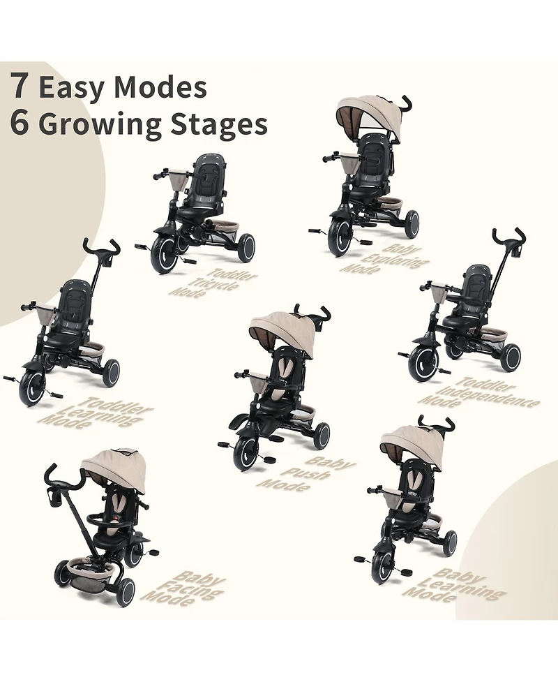 Kinder King 7-in-1 Toddler Tricycle Stroller with Adjustable Handle, Rotating Seat & Canopy