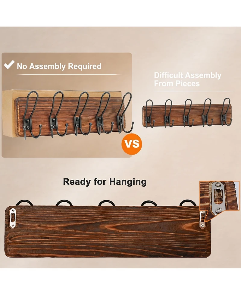 Yigii Heavy Duty Rustic Wall Coat Rack with 5 Hooks - Easy Install - Pack of 2