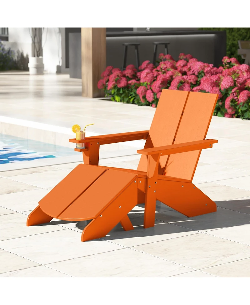 Outdoor Hdpe Modern Adirondack Chair with Folding Patio Ottoman and Cup Holder