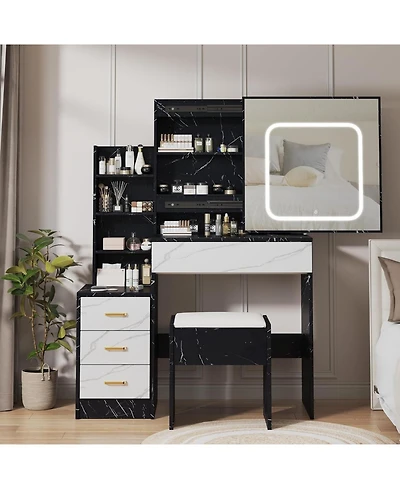 Gaomon 4-Drawer Vanity Desk, 3-Color Adjustable Lighted Mirror Makeup Table for Bedroom