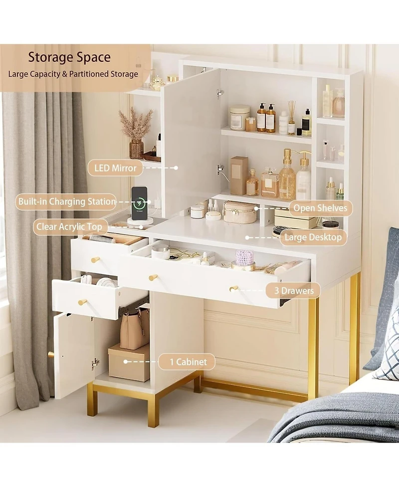 Gaomon White Led Lighted Makeup Desk, Dressing Table with Built-in Power Outlet