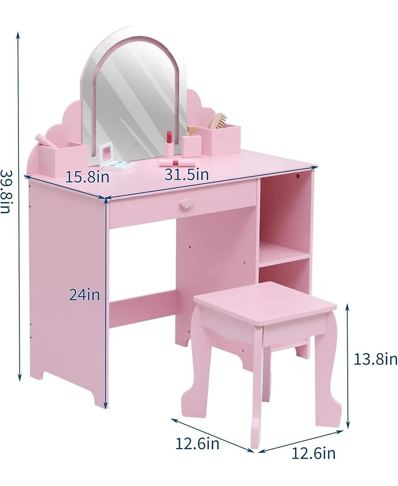 Gaomon Pink 2-in-1 Kids Lighted Vanity Set, Sweet Makeup Table with Matching Stool