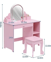 Gaomon Pink 2-in-1 Kids Lighted Vanity Set, Sweet Makeup Table with Matching Stool