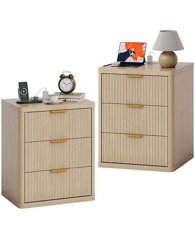 gaomon Set of 2 Fluted Nightstands, 3-Drawer Bedside Table with Built-in Charging Station & Open Storage