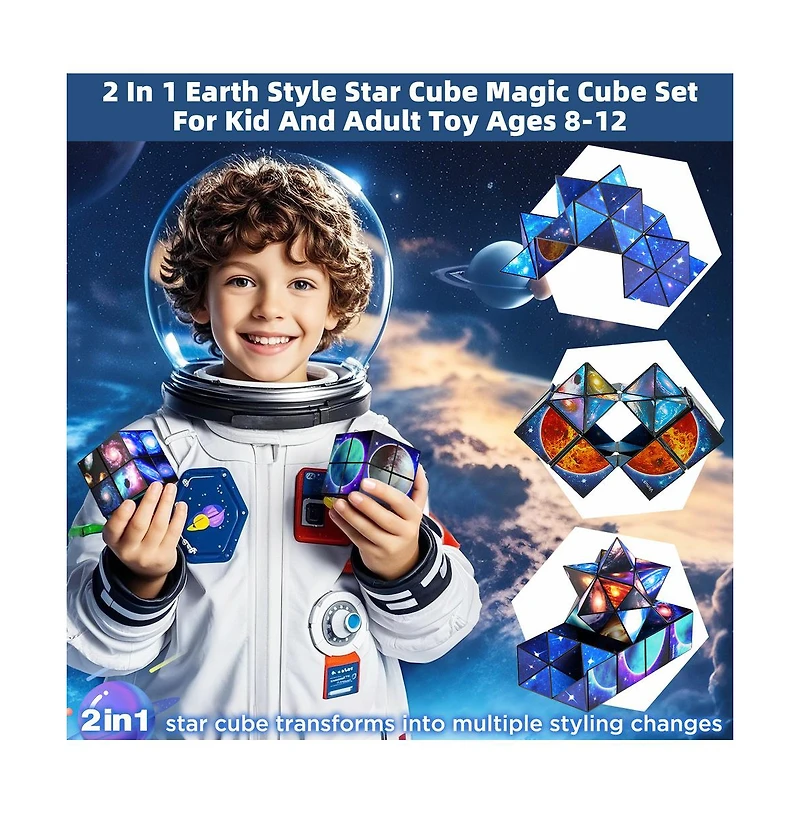 Bruce & Shark 2-in-1 Galaxy Split Magic Cube, Transformable Fidget Toy, Morphs into Star & More
