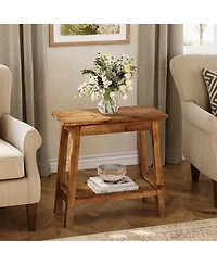 Tribesigns Solid Wood End Tables, Narrow 2-Tier Side Table for Small Spaces, Farmhouse Bedside Table Nightstands with Storage